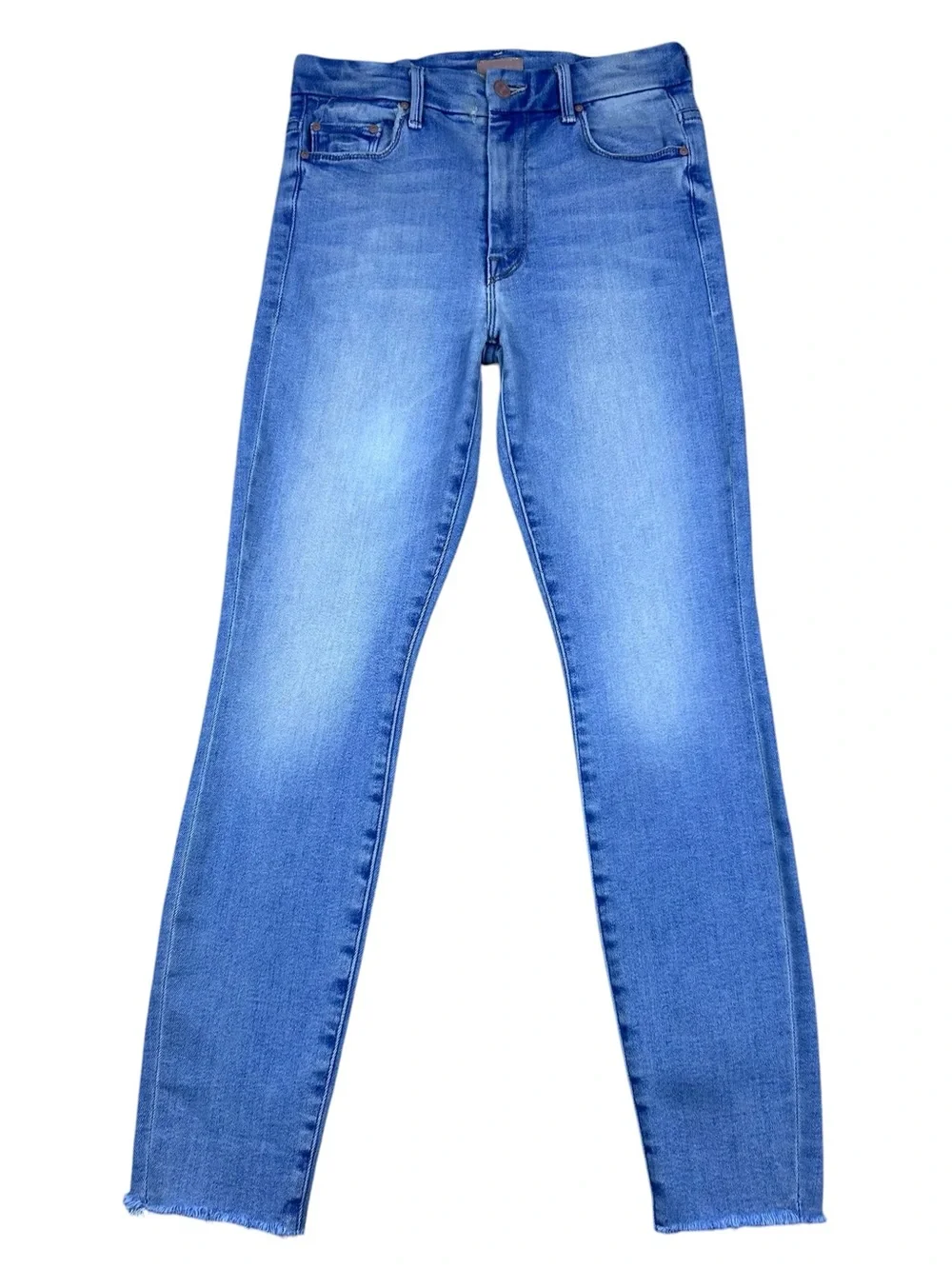 Mother High Waisted Looker Ankle Fray Jeans 27 Au Renoir Blue Skinny Stretch